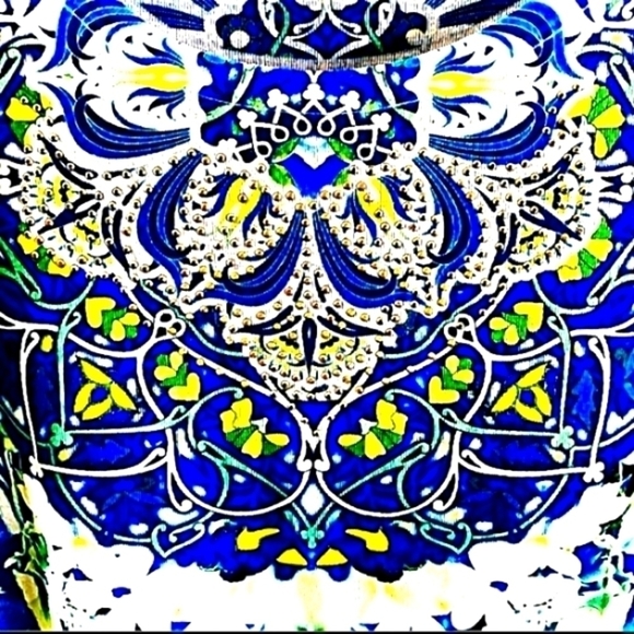 Style & Co M Turquoise Medallion Print Short Sleeve Embellished   Blouse - Picture 2 of 7